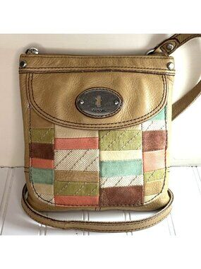 Fossil Maddox Crossbody Boho Purse Patchwork Colorblock Tan Leather Y2K Bohemian